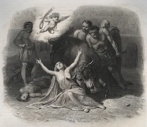 Martyrdom of Saint Blandine of Lyon and Ponticus in the Arena in 177. Engraving from 1846 in 