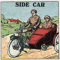 Mechanical traction: motorcycle sidecar. Anonymous illustration of 1925. Private collection.
