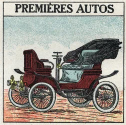 Mechanical traction: the first petrol cars invented in 1895 by Panhard and Levassor. Anonymous illustration from 1925. Private collection.