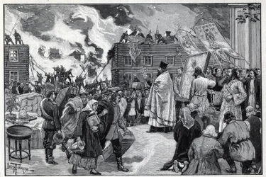 Moscow, fire in the suburb of Kaluga: the Orthodox clergy presenting the Holy Images to protect the city and firefighters fighting the fire. Engraving in 