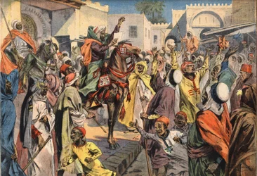 Mouley Hafid (Moulay-Hafid) proclaims Sultan to Fez: the public criers announce the proclamation to the crowd. Engraving from the newspaper 