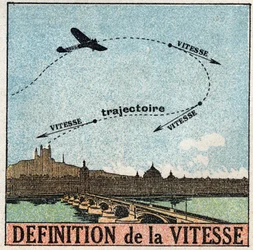 Movements: definition of speed. A plane flying over a city. Anonymous illustration from 1925. Private collection.