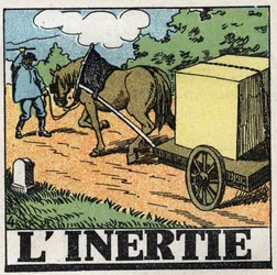 Movements: inertia. A carter giving lashes to move his horse forward. Anonymous illustration from 1925. Private collection.