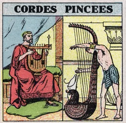 Musical instruments: string instruments clamped. Lyre and harp players in Antiquity