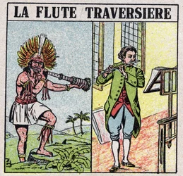 Musical instruments: wind instruments. Cross flute players, in the time of the Incas and a more recent era