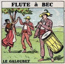 Musical instruments: wind instruments. Galubet player (flute a beak). Anonymous illustration from 1925. Private collection.