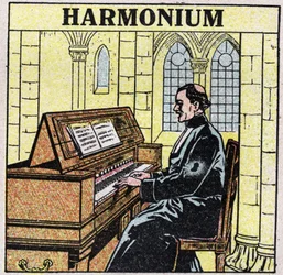 Musical instruments: wind instruments at hip. Harmonium player in a church. Anonymous illustration from 1925. Private collection.