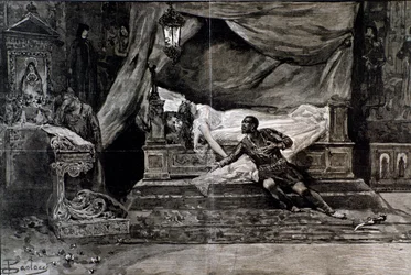 Otello kills himself near the body of Desdemona. Illustration of the last scene of Otello, opera by Giuseppe Verdi