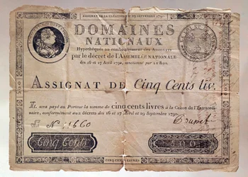 Paper issued during the French Revolution: an assignment of 500 pounds from 1790 - private collection