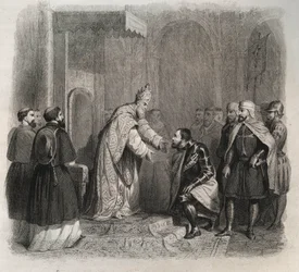 Pope St. Pius V receiving the winner of the Battle of Lepanto - Engraving from 1846 in 