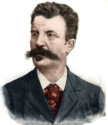 Portrait of Guy de Maupassant (1850-1893) French writer. Engraving in Le Peute Parisien