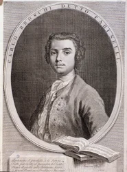 Portrait of Italian castrato Carlo Broschi called Farinelli. Engraving. 1735