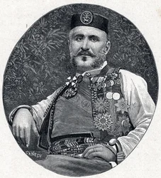 Portrait of Nicholas I of Montenegro, Prince of Montenegro and the Berda. Engraving in 