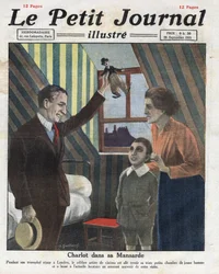 Portrait of actor Charlie Chaplin travelling to London, visiting his former room, he offers the child of the family a little doll of Charlot. Illustration taken from 