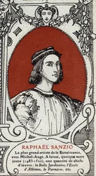 Portrait of the Italian Renaissance painter Raphael. Engraving from 1914.