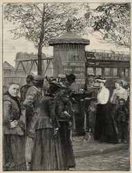 Public hygiene: inhabitants of Paris using one of the filtered water fountains installed in the 15th arrondissement. These fountains have a Chamberland Pasteur system filter. Engraving in Le monde illustree of 1892. Private collection