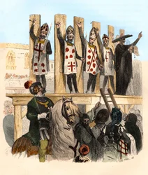 Punishment of the nail in the 16th century. Illustration in Mysteres of the Inquisition and Other Secretive Societies of Spain By Victor de Fereal, Suberwick, Manuel Galo de Cuendias