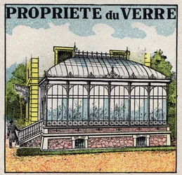 Radiation and conductibility: a glass greenhouse uses one of the properties of glass to be transparent to light heat and not to dark heat. Anonymous illustration from 1925. Private collection.