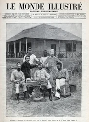 Reception of Lieutenant Mizon by Frederick Bedford (1838-1913), general agent of the Royal Niger Company. The French explorer Louis Alexandre Antoine Mizon (1853-1899) during his trip to West Africa. Engraving in Le monde illustree of 1892