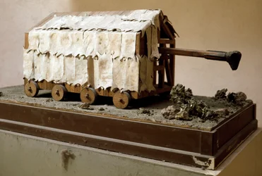 Reconstruction of a battering ram, a war machine of Carthaginian origin and then adopted by the Roman legionaries. Rome, Museo della Civilta Romana