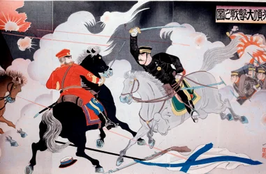 Russo-Japanese War: Japanese print depicting the battle of two horsemen