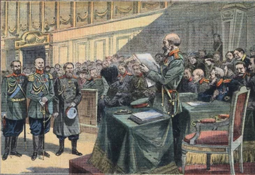 Russo Japanese War: Epilogue of the siege of Port Arthur. Conviction of General Stoessel, General Fock was reprimanded and Generals Reiss and Smyrnoff acquitted. Engraving from the newspaper Le Petite Parisien