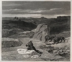 Saint Anthony the Great Buried Saint Paul of Thebes in the Desert. Engraving from 1846 in 