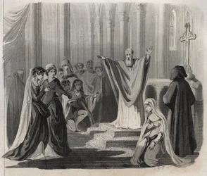 Saint Dunstan (ca. 909-988), bishop of Canterbury, Benedictine and reformer of monastic life in England, announcing his impending death to the people. Engraving from 1846 in 