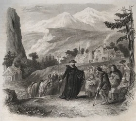 Saint Francis de Sales, Bishop of Geneva on a Pastoral Visit. Engraving from 1846 in 