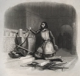 Saint William of Aquitaine (Guilhem of Gellone) (ca. 750/755-812/815) placing his arms on the tomb of Saint Julian the Martyr in Brioude. Engraving from 1846 in 