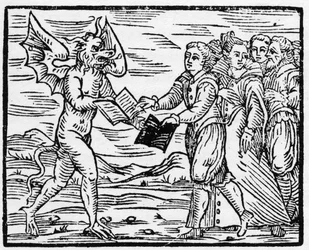 Satan Presents a Black Book to Followers in Exchange for the Book of the Gospels (
