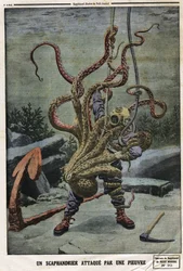 Scaphandler attacked by an octopus. Engraving in 