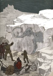 Search for mammoth fossil ivory in Siberia in the 19th century. Engraving from 1885 in 