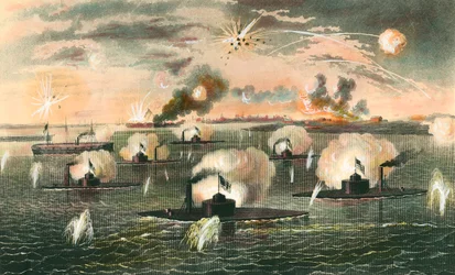 Attack of Floating Batteries Battleships During the Secession War - Engraving Around 1865 - Private Collection