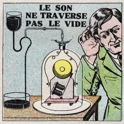 Sound energy: sound does not spread in a vacuum. We put an electric bell in a closed bell and then we empty it. Anonymous illustration from 1925. Private collection.