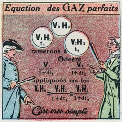 Temperature and expansion: perfect gas equation obtained through the law of Louis-Joseph Gay-Lussac and the law of Edme Mariotte. Anonymous illustration from 1925. Private collection
