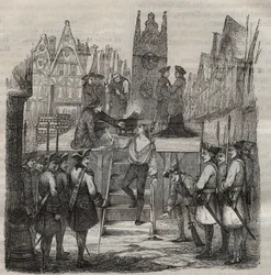 The Chevalier Francois-Jean Lefebvre de La Barre ascending to the scaffold in 1766. Engraving in 