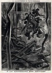The Couchoud well disaster: rescuers go to search for victims in one of the mines of the Peronniere at Grand Croix near Saint Etienne. Engraving from 