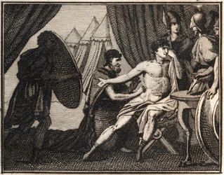 The Death of Epaminondas (after the battle against the Spartans at Mantineia 362 BC.). Engraving from 