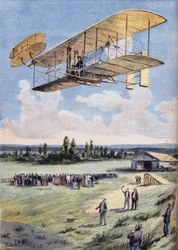 The Flying Men: the experiences of Wilbur Wright (1867-1912) above the Hunaudieres racetrack, near the town of Le Mans. Engraving from the newspaper Le Peute Parisien, on 30/08/1908. Private collection