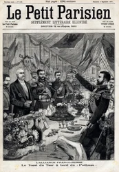 The Franco-Russian alliance: the toast of Tsar Nicholas II (1868-1918) in honor of the French president Felix Faure (1841-1899) aboard the Pothau. In Le Petit Parisien on 5/09/1897