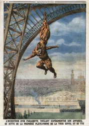 The French tailor of Austrian origin Franz (or François) Reichelt (1879-1912), inventor of a parachute, who wants to test his aircraft, throws himself off the first platform of the Eiffel Tower and kills himself. Engraving in “Le Petit Journal”