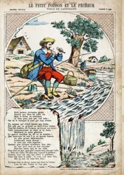 The Little Fish and the Fisherman. Anonymous illustration for Les Fables by Jean de La Fontaine (1621-1695). Imaging of Pont-a-Mousson, circa 1880. Private collection.