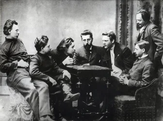 The Moscow Literary Sreda - Members of Sreda literary circle, formed in the second half of the 1890s by Russian realistic writers - Portraits of Russian intellectuals of the literary group Znanie: from left to right, Andrei Skitalets (Stephan Gabrilovich P