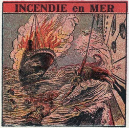 The T.S.F.: fire at sea. The T.S.F. is used by boats to call for help during a shipwreck. Anonymous illustration from 1925. Private collection.