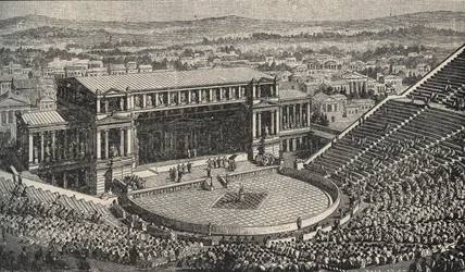 The Theatre of Dionysus, The Acropolis, Athens, Greece - Reenactment of 1890 of the Theatre of Dionysus - in Athens, Ancient Greece - engraving 1890