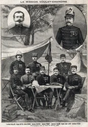 The Voulet-Chanoine mission, French expedition for the colonial conquest of Chad: portrait of Lieutenant Octave Meynier (1874-1961) and Colonel Arsene Klobb (1857-1899) with lower left to right: Lieutenant Joalland, Sergeant Boutel, Doctor