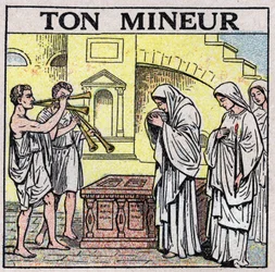 The Art of Sounds: Your Miner. Double Flute Players in a Street in Ancient Times (During a Funeral?). Anonymous illustration from 1925. Private Collection