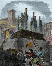 The case of the Heretics of Orleans: canons were sentenced to the stake for heresy in Orleans in 1022. (first stake in the history of the struggle against heresy in the West under the rule of Robert II the Pious (996-1031). Engraving of the 19th century.