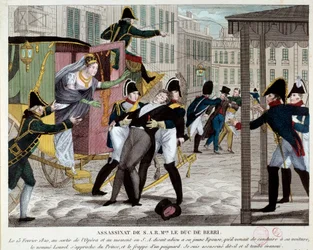 The death of Charles Ferdinand de Bourbon, Duke of Berry (1778-1820) 13/02/1820 at the exit of the Royal Academy of Music. The nephew of King Louis XVIII was assassinated at the Opera by Louvel, a republican who wanted to shut down the royal dynasty. (engr